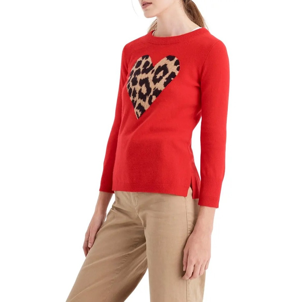 J.Crew Women Red 100% Cashmere Leopard Print Heart Sweater 3/4 Sleeve Small
